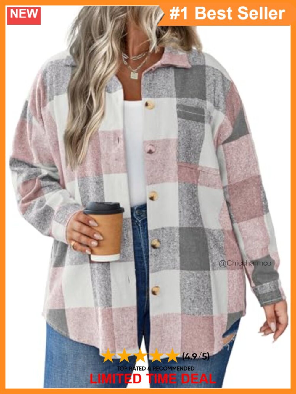 Plus Size Plaid Shacket Button Front Oversized Casual Jacket